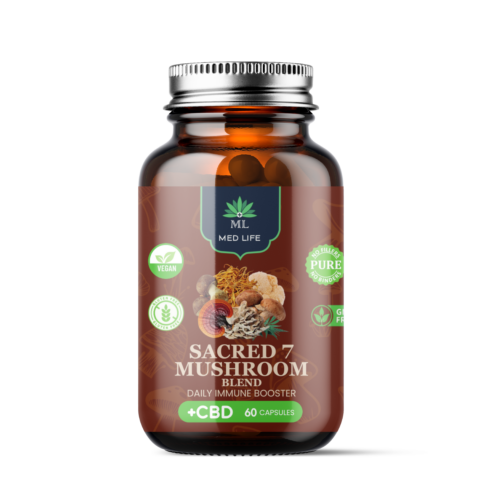 Medlife Sacred 7 Mushroom Blend with CBD in amber glass bottle showing 60 capsules, vegan and gluten-free badges, daily immune booster formula with seven medicinal mushrooms