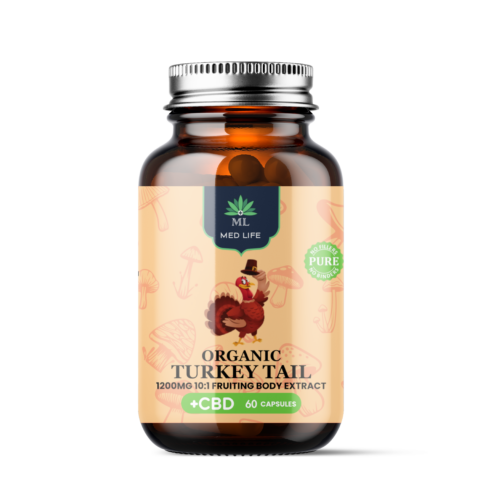 Medlife Organic Turkey Tail 1200mg 10:1 Fruiting Body Extract with CBD – 60 capsules in glass bottle