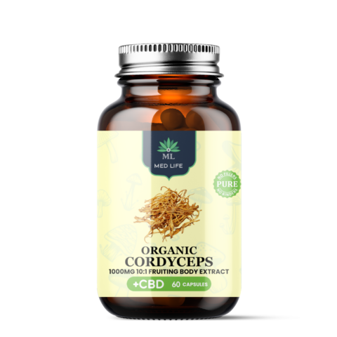 Medlife Organic Cordyceps 10:1 fruiting body extract + CBD capsules – 60 capsules (front label)