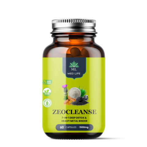 Medlife Zeocleanse 7-in-1 deep detox and heavy metal binder supplement in amber glass bottle with 60 capsules 1500mg