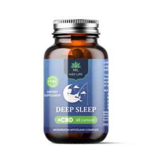 Amber glass bottle of MedLife Deep Sleep + CBD supplement, designed to promote natural sleep support and relaxation.