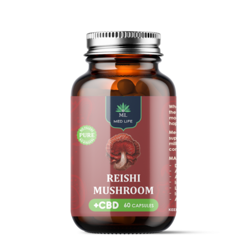 Medlife Reishi Mushroom with CBD supplement bottle 60 capsules immune support stress relief