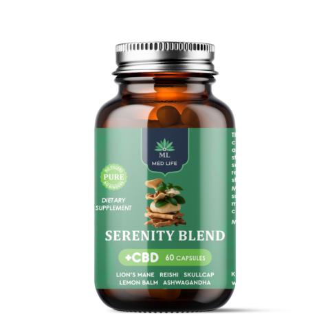 Medlife Serenity Blend adaptogenic supplement with Lion's Mane, Reishi, Skullcap, Lemon Balm, Ashwagandha and CBD for natural anxiety relief and calm, 60 capsules