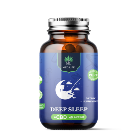 Amber glass bottle of Medlife Deep Sleep +CBD 60 capsules, dietary supplement for improved sleep, with blue label, moon and clouds illustration, and “PURE – No Fillers, No Binders” badge.