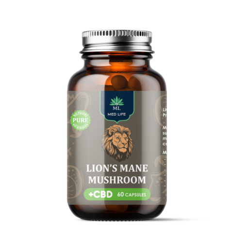 Medlife Lion's Mane Mushroom supplement with CBD, 1200mg fruiting body extract with 20.35% beta-glucans for cognitive enhancement, memory, and nerve health, 60 capsules