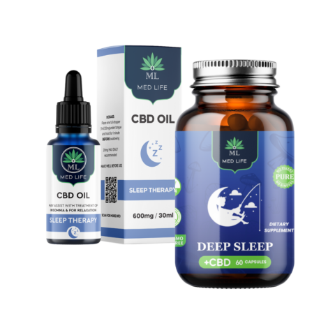 Medlife Sleep Combo Pack featuring Deep Sleep +CBD capsules and Sleep Therapy CBD Oil 600mg, designed for natural insomnia relief and improved sleep quality.
