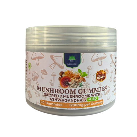Medlife Mushroom & Honey Gummies jar – front label with Sacred 7 Mushrooms, Ashwagandha & CBD