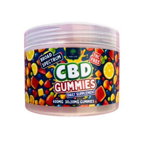 Medlife CBD Gummies jar with broad spectrum THC-free hemp extract, 600mg total with 30 gummies at 20mg each for stress relief and sleep support