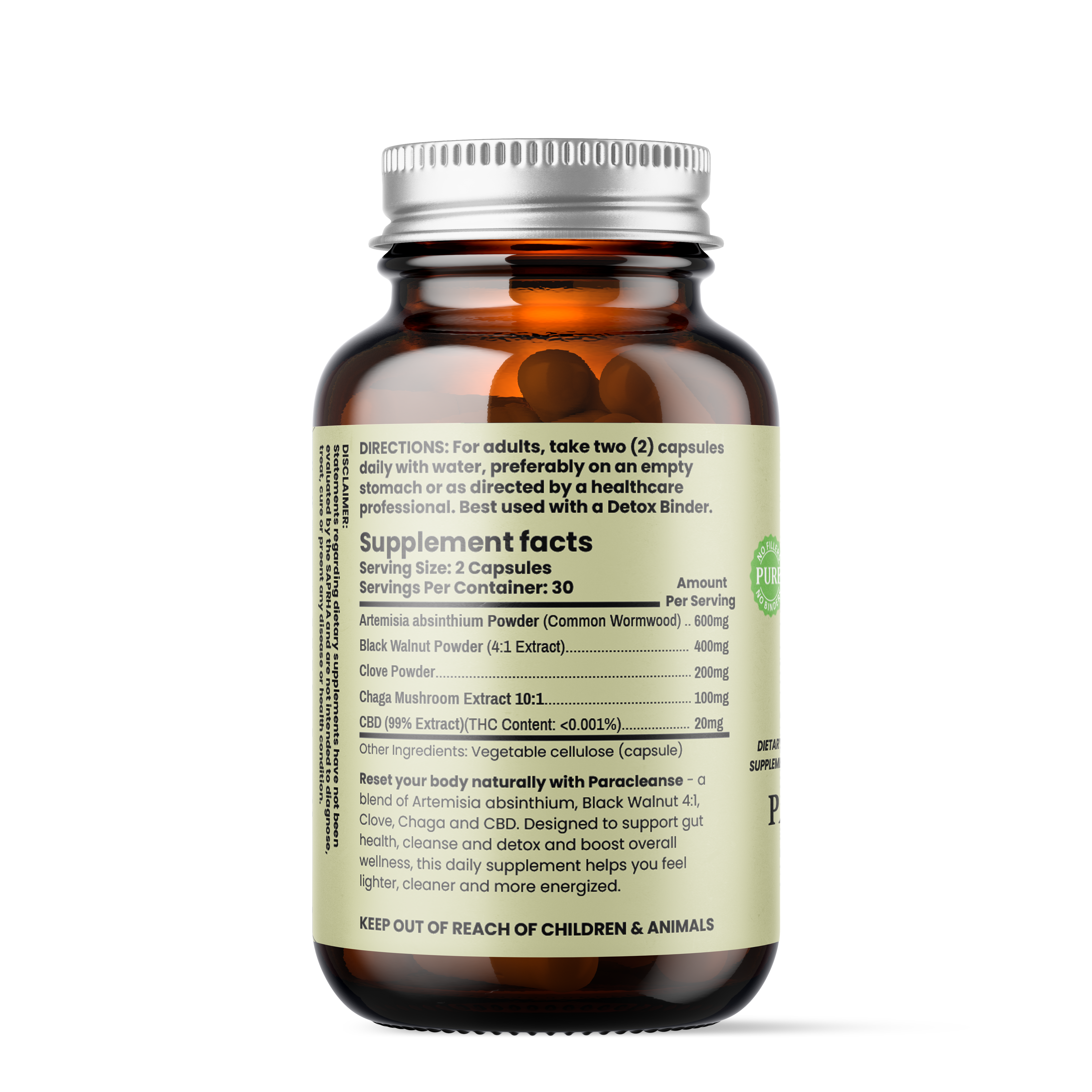 Medlife Paracleanse supplement facts showing wormwood, black walnut extract, clove, chaga mushroom and CBD herbal parasite cleanse formula