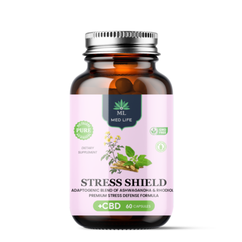 Medlife Stress Shield adaptogenic supplement bottle with ashwagandha and rhodiola, 60 capsules with CBD for natural stress relief